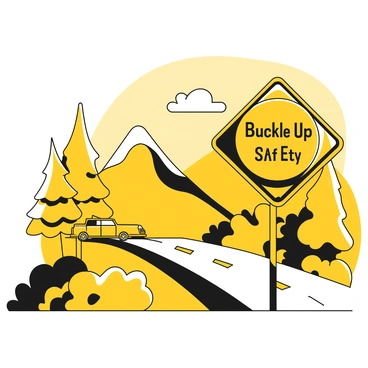 A roadside sign with the message "Buckle Up for Safety!" in bold letters is prominently displayed. The sign is surrounded by lush greenery, including tall trees and vibrant foliage. In the background, rolling hills extend into the distance, while a clear sky is visible overhead. A paved road runs alongside the sign, creating a sense of motion and travel in the scene. The overall composition conveys a message of safety amidst the beauty of nature.