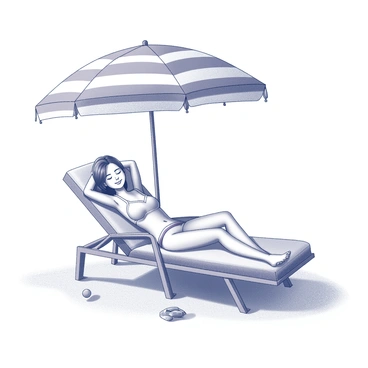 A relaxed individual lying on a lounge chair. The individual has their arms behind their head, with a content expression on their face. The lounge chair is positioned on the sand, with a large umbrella providing shade. The umbrella has a striped pattern, creating interesting shadows on the ground. The beach setting includes gentle waves lapping at the shore nearby and a few scattered beach toys around the chair. The sky above is clear, enhancing the bright atmosphere of the scene.