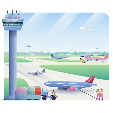 A view from a control tower looking out across multiple runways. Several planes of different colors and sizes are taxiing on the runways. In the foreground, there is a tall control tower with large glass windows, allowing a clear view of the planes below. The runways are marked with white lines and illuminated by bright LED lights. In the background, there is a clear blue sky with a few scattered clouds. To the side, a fuel truck is parked near one of the planes, and ground crew members in bright vests are seen preparing for takeoff.