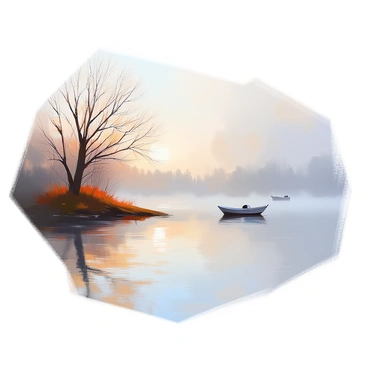 A foggy morning scene over a lake, with a dense layer of mist hovering above the calm water. The surface of the lake reflects the soft, muted colors of the early morning light. Trees with bare branches line the shore, their silhouettes partially obscured by the swirling fog. In the distance, the outline of a small boat can be seen drifting silently, adding a sense of tranquility to the scene. The atmosphere is serene, inviting viewers to immerse themselves in the peaceful moment.