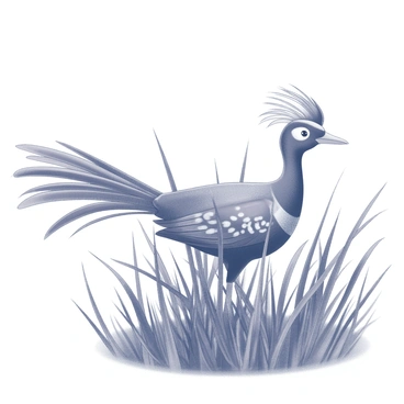 A lyrebird partially concealed among tall grass. The grass sways gently, and the bird's vibrant tail feathers are spread out, showcasing intricate patterns and details. The rest of the bird's body is hidden from view, camouflaged in the lush greenery of its surroundings. The scene captures the delicate balance between the vibrant colors of the tail and the muted tones of the grass.