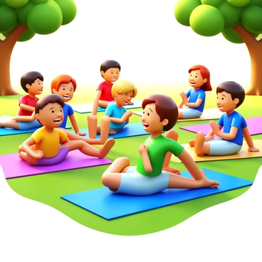 A group of young campers engaged in a clamshell exercise session. Each camper is on a yoga mat, positioned on their side with legs bent at a right angle. They are wearing colorful summer camp t-shirts and shorts. The campers are smiling and encouraging each other, with some looking focused on their movements. The setting is an outdoor area with green grass and trees in the background, with sunlight filtering through the leaves. The atmosphere is lively and energetic, reflecting a fun summer camp activity.