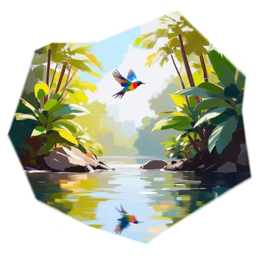 Lush jungle foliage densely lining the banks of the Congo River, showcasing a variety of vibrant green leaves and thick vines. The river flows gently, reflecting the greenery and the colorful birds soaring above. These birds display bright feathers in shades of red, blue, and yellow as they glide through the air. The scene captures the richness of the jungle with birds in dynamic flight amidst the verdant landscape.