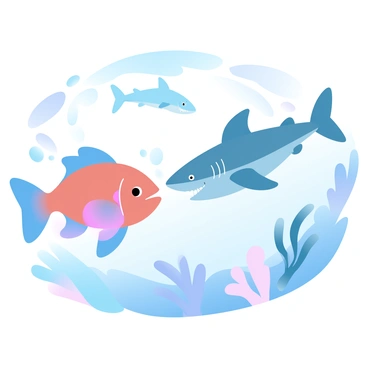 A small fish with vibrant colors is being pursued by a larger fish with sharp teeth. Bubbles are rising around them, creating a sense of motion in the water. A shark can be seen in the background, its sleek body gliding through the water. The underwater scene is illuminated by soft rays of sunlight filtering down from the surface, casting gentle patterns on the ocean floor. Coral formations and seaweed add texture and detail to the environment.