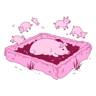 A pink pig pen is filled with playful piglets running around energetically. The piglets are small and round, some are jumping through the air while others trot playfully on the soft ground. In the center of the pen, there is a large sow resting comfortably in a patch of mud, her eyes half-closed in relaxation. The mud is splattered around her, adding to the lively atmosphere of the scene. Surrounding the pen, a few green tufts of grass peek through the soil, adding a touch of contrast to the overall composition.