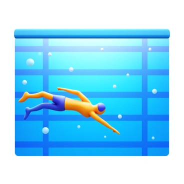 A swimmer in a streamlined swimsuit diving into an Olympic-sized swimming pool. The swimmer's body is in a dynamic pose as they plunge into the "clear blue water". The pool is marked with lane lines and has a poolside with a starting block visible. Sunlight reflects off the surface of the "water", creating a shimmering effect. Bubbles are forming around the swimmer as they enter the "pool".