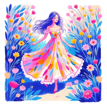 A model with long flowing hair is twirling gracefully in a vibrant floral dress that features a variety of colorful blooms. The dress billows around her as she moves, showcasing its intricate patterns. She stands in a lush garden that is filled with an array of blooming flowers in various shades, including pinks, yellows, and purples. The sunlight illuminates the scene, casting gentle shadows on the ground. The background is filled with green foliage, enhancing the vivid colors of the flowers and the dress.