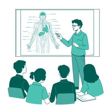 A teal illustration tutor stands in front of a large white board filled with a detailed human anatomy diagram. The tutor, wearing glasses, is pointing at the diagram with a wooden stick, explaining various parts of the human body. Various anatomical labels, such as "heart," "lungs," and "brain," are clearly marked on the diagram. In the foreground, a group of diverse students attentively listens, some taking notes, while others have their eyes focused on the diagram.