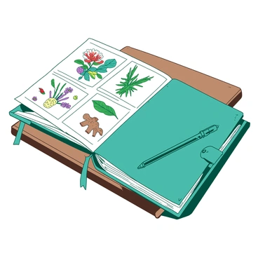 A teal journal is open on a wooden table, displaying pages filled with various scientific illustrations. One page features detailed drawings of colorful plants, showcasing their leaves and flowers in intricate detail. Another page displays lifelike representations of animals, capturing their anatomy and unique features. The third page includes illustrations of the human body, highlighting different systems such as the skeletal, muscular, and circulatory systems. The journal's cover is embossed with a simple design, and a teal pen rests beside it, ready for notes.