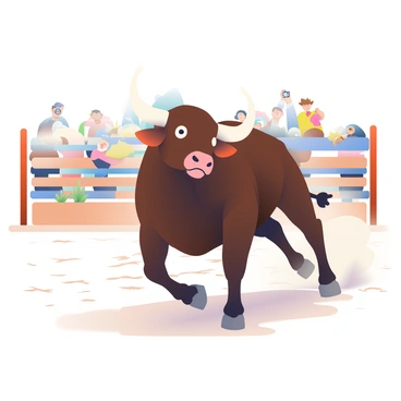 A powerful bull with a shiny, dark brown coat is charging forward in a dusty rodeo arena. The bull has large, curved horns and its muscles are tensed, showcasing its strength. Dust is being kicked up around its hooves as it moves swiftly. In the background, wooden fences outline the arena, and there are a few spectators standing at a distance, some holding cameras. The ground is dry and cracked, and the atmosphere is charged with excitement as the bull charges ahead.