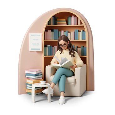 A woman, wearing a comfortable oversized sweater and reading glasses, is sitting in a cozy library nook filled with books. She has long, wavy brown hair cascading over her shoulders. A stack of books is piled beside her, while she holds an open book on her lap, intently reading. The nook is adorned with warm wooden shelves packed with colorful books, and there is a soft, plush armchair where she sits. A small table in front of her holds a steaming cup of tea. Soft light filters in through a nearby window, illuminating the peaceful study space.