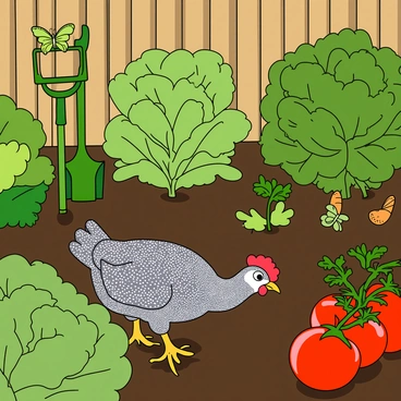 A vibrant garden scene filled with a variety of green vegetables, including leafy lettuce, ripe tomatoes, and colorful carrots peeking out of the soil. In the center of the composition, a guinea fowl with a speckled gray and white plumage is curiously pecking at the dark, rich soil. The bird has a small red wattle on its head, and its eyes are bright and inquisitive. Surrounding the vegetables, there are a few green garden tools leaning against a wooden fence. Some cheerful butterflies flutter around, adding to the lively atmosphere of the garden. The sunlight casts soft shadows, enhancing the details of the plants and the guinea fowl.