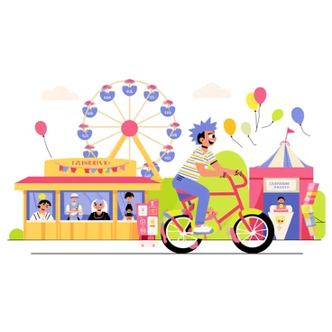 A cartoon character with a big smile is riding a red bicycle. The character has spiky blue hair and is wearing a colorful striped shirt. In the background, there is a vibrant fairground filled with various attractions. A tall, spinning Ferris wheel with bright lights is prominently displayed. There are game booths with colorful banners, where cartoon characters are trying to win prizes. Balloons in various colors float in the air, and a cotton candy stand can be seen nearby. The scene is lively and filled with excitement.