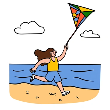 A girl with light skin and long wavy brown hair is flying a colorful kite on a breezy beach. She is wearing a bright yellow tank top, blue shorts, and white sandals. The kite is soaring high above her, with vibrant patterns of red, blue, and green. The sky is clear with a few fluffy white clouds, and the ocean waves are gently crashing onto the shore in the background. The girl has a joyful expression on her face as she runs along the sandy beach, feeling the wind in her hair.