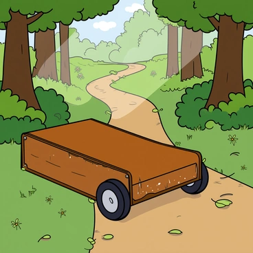 A weathered cartable resting on a winding forest path. The cartable is made of brown leather, showing signs of age with scuff marks and frayed edges. Sunlight filters through the tree canopy above, creating dappled patterns of light and shadow on the ground. The surrounding forest is lush, with tall green trees and thick underbrush on either side of the path. Small wildflowers peek through the foliage, adding splashes of color amidst the greenery. A few fallen leaves are scattered around the cartable, enhancing the sense of abandonment in the tranquil forest scene.