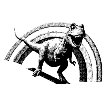 A dinosaur with a round body and short limbs is sliding down a rainbow. The dinosaur has a large head and is depicted with a joyful expression, featuring a wide smile and bright eyes. The rainbow consists of multiple curved stripes that create a vivid arch across the image. The scene captures the motion of the dinosaur sliding, with a slight trail suggesting speed. The background is simple, focusing on the colorful rainbow and the dinosaur's playful pose.