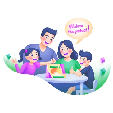 A modern pastel illustration depicting a happy family of four gathered around a table. The family consists of a father and mother with joyful expressions, a young girl with pigtails smiling widely, and a teenage boy giving a thumbs up. On the table, there is a product—attractive and colorful—placed in front of them. Above the family, a speech bubble emerges, showcasing the words "We love this product!" in a cheerful font. The background includes soft pastel colors that enhance the warm atmosphere of the scene.