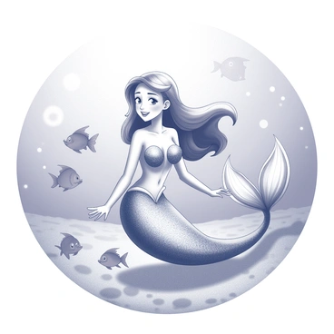 A friendly mermaid with flowing hair is positioned gracefully in the water. She has a shimmering tail that reflects light, and her expression is warm and inviting. Surrounding her are several small fish, each with unique shapes and features, swimming closely and curiously. The ocean water is clear, revealing the sandy seabed beneath. Sunlight filters through the surface, creating patterns of light and shadow in the underwater scene.