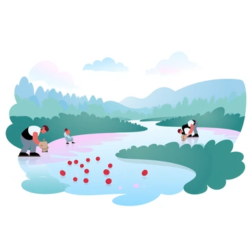 A wide view of cranberry bogs during the harvest season. The water in the bog is a light pastel blue with splashes of pastel pink reflecting the sky. Workers in dark waders are bent over, carefully collecting the "bright red berries" that float on the water's surface. The bogs are lined with lush green vegetation surrounding the water, creating a vibrant contrast. In the background, there are rolling hills covered with trees in soft, muted tones and a few scattered clouds in the gradient sky. A sense of activity and productivity fills the scene as workers move about the bogs.