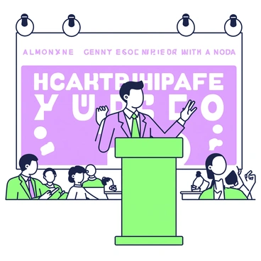 A young delegate is standing confidently at a podium during a convention. He has short, neatly styled hair and is wearing a formal suit with a tie. His left hand is placed on the podium while his right hand is raised, emphasizing his point as he speaks. Behind him, there are rows of seated delegates, some taking notes and others listening intently. On the wall behind the podium, there is a large banner displaying the convention's name in bold letters. The atmosphere is focused, with bright lights illuminating the stage.