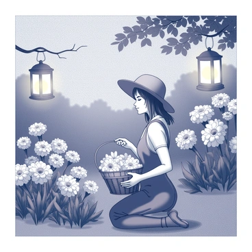 A gardener is kneeling in a lush garden, surrounded by blooming moonflowers. The flowers have large, white petals that open at night, displaying their delicate beauty. The gardener is wearing a straw hat and holding a wicker basket filled with freshly picked blossoms. Soft lanterns are hanging from nearby branches, casting a gentle light on the scene. The atmosphere is illuminated by the warm glow of the lanterns, enhancing the serene ambiance of the garden at night.