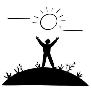 A silhouette of a woman standing on a hill, arms outstretched towards the sky. The hill is gently sloping, with a few scattered wildflowers. In the background, a large sun is setting on the horizon, surrounded by a series of horizontal lines representing clouds. The transition of light around the sun creates a radiant effect, contrasting the dark silhouette of the woman. The scene conveys a sense of openness and tranquility.