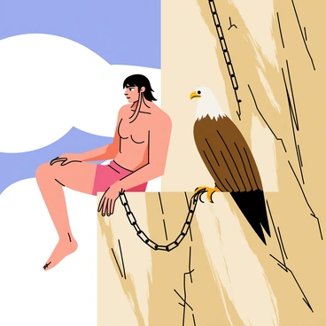 Prometheus is depicted chained to a rugged, rocky cliff, showcasing detailed textures of the stone. His muscular form is emphasized, with strands of dark hair flowing down his back. Beside him, a large eagle with sharp talons and a fierce gaze perches on a nearby ledge, its wings slightly spread as if ready to take flight. The sky above is bright and blue, contrasting with the earthy tones of the cliff and the dramatic figure of Prometheus.