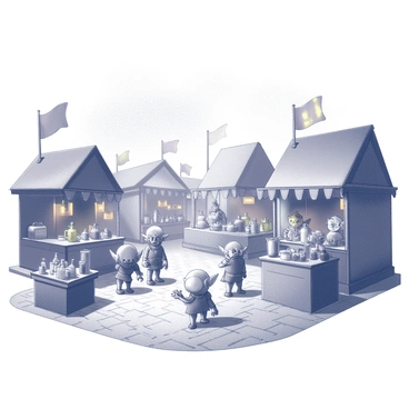 A lively market scene populated by goblins. The marketplace is filled with various stalls, each one unique in design and showcasing an array of peculiar goods. Some stalls have colorful banners fluttering in the air, while others are made from mismatched materials, creating an eclectic atmosphere. Goblins of different sizes and appearances are engaging in trade, with some haggling over items and others displaying their wares. The ground is covered in cobblestones, and the sky above is filled with a blend of activities, hinting at a festive ambiance. Each stall features an assortment of strange items, such as odd trinkets, unusual potions, and curious artifacts, adding to the whimsical nature of the scene.