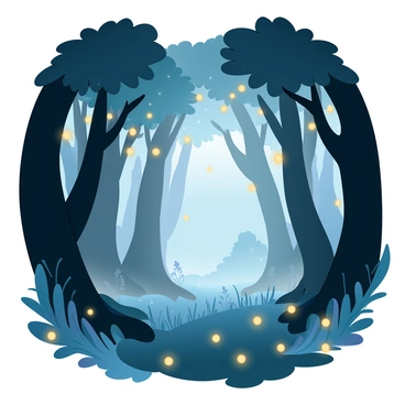 A dark forest is illuminated by numerous glowing golden fireflies that are dancing in the air. The trees are tall and dense, their silhouettes contrasting against the faint luminescence. The ground is covered with leaves and small plants, adding depth to the scene. A soft mist floats gently above the forest floor, creating an ethereal atmosphere as the fireflies flicker and move gracefully among the trees. The overall color palette features deep shades of blue and green, highlighted by the warm golden light from the fireflies.