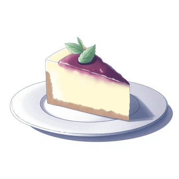A slice of cheesecake positioned on a small plate. The cheesecake has a smooth, creamy texture and a golden crust. It is topped with a glossy layer of cherry compote, which glistens in the light. A single mint leaf is placed delicately on top of the compote, adding a touch of green. The background is softly blurred, emphasizing the cheesecake as the focal point of the image.