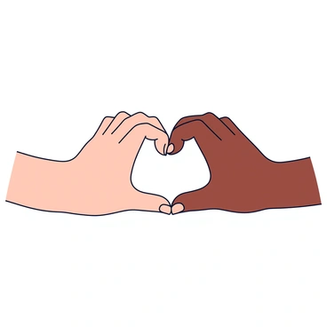 Two hands of different genders reaching in from opposite sides. The left hand is a male hand with a light skin tone and slightly rugged features. The right hand is a female hand with a darker skin tone and smooth, manicured nails. Together, they form a heart shape in the center of the image, emphasizing the connection between them. The background is a soft, neutral color that highlights the hands' interaction.