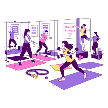A bright and energetic aerobics class setting featuring multiple exercise stations for circuit training. Each station is equipped with different workout equipment such as dumbbells, resistance bands, and step platforms. Participants of various shapes and sizes are actively engaged in exercises at each station. One individual is performing squats with dumbbells, while another is using a resistance band for arm curls. A third person is stepping up on a platform, focused and determined. The atmosphere is lively, with vibrant mats laid out on a glossy floor, and motivational posters adorning the walls. The lighting is bright and inviting, creating a sense of enthusiasm and energy in the room.