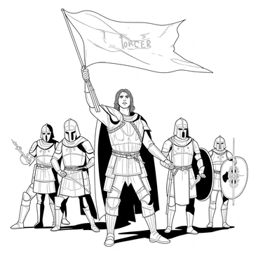 A warrior dressed in intricate armor is standing proudly, holding a large "flag of Gondor" high above his head. His expression is determined, with a strong gaze focused on the horizon. Around him, several other warriors are positioned, each clad in battle gear, ready for confrontation. The warriors display various stances, some gripping swords and others carrying shields. The setting suggests an atmosphere of unity and strength among the fighters, as they gather together in preparation for battle.