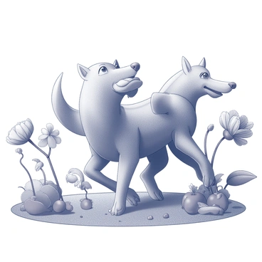 A three-headed dog with muscular build and thick fur is playfully navigating through a garden. Each head has its own distinct expression of curiosity and excitement. The garden is filled with oversized flowers that have intricate petal designs, featuring various shapes and textures. There are unusual plants with spiraled stems and whimsical leaves surrounding the playful creature. The scene depicts a lively atmosphere, with the heads of Cerberus sniffing the air and interacting with the fantastical flora.