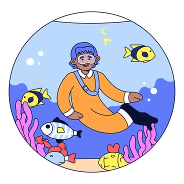 A cartoon girl with short hair is wearing a bright orange diving suit. She is smiling as she explores an underwater world filled with colorful fish and vibrant corals. The fish swim playfully around her, showcasing various shades of blue, yellow, and green. The corals are depicted in shades of pink, purple, and red, creating a lively underwater landscape. Sunlight filters down from above, illuminating the scene with a warm glow.