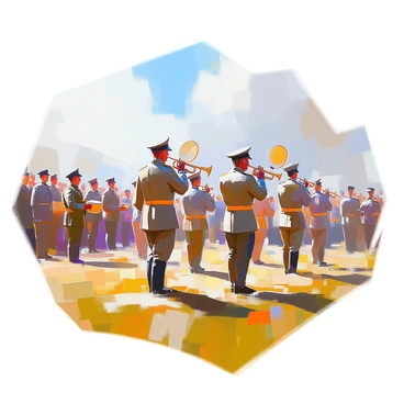 A World War I marching band is performing on an open field. The band members are dressed in military uniforms, playing various instruments such as trumpets, drums, and clarinets. The music fills the air as they march in formation. In the background, rows of soldiers in uniform stand at attention, watching the performance. The scene captures the essence of camaraderie and morale among the troops. The open field is grassy, with a clear blue sky above, and a few trees lining the horizon. The atmosphere conveys a sense of unity and pride during a challenging time.