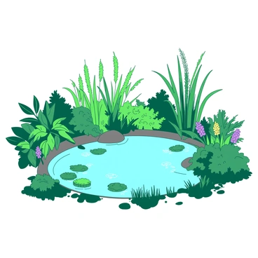 A small pond is situated in the center of a rain garden, surrounded by vibrant green plants and colorful flowers. The pond is calm, reflecting the sky above and the rich foliage around it. Various water plants emerge from the edges of the pond, adding depth to the scene. The rain garden is filled with dense vegetation, including ferns and leafy shrubs that provide a natural habitat. In the background, a few tall grasses sway gently in the breeze, adding texture to the lush environment.