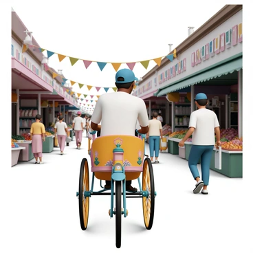 A rickshaw driver, wearing a blue cap and a white shirt, is pedaling a vibrant, brightly painted rickshaw through a busy Asian market street. The rickshaw features intricate designs and is adorned with small decorations. Surrounding him, vendors are displaying colorful fruits and vegetables, while shoppers navigate the crowded pathway. Traditional stalls are lined with assorted goods, and colorful banners flutter above, creating a lively atmosphere. The scene captures the hustle and bustle of market life, with people moving in various directions.