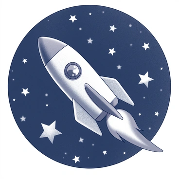 A whimsical rocket ship is depicted in mid-flight, with a rounded body and fins extending at the base. The rocket is surrounded by numerous stars scattered across the night sky, which is filled with varying sizes of stars, some large and bright, others smaller and more distant. The rocket ship is angled upward, suggesting movement and adventure as it travels through the vastness of space. The background is a deep, dark void, enhancing the contrast against the rocket and stars.