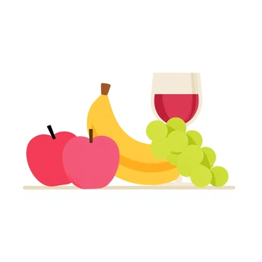 A still life arrangement featuring a variety of fruit including red apples, yellow bananas, and green grapes. There is a glass of red wine placed beside the fruit, reflecting light. The setting is on a 1/2 size illustration board, with a soft shadow cast beneath the fruits and wine glass. The background is a subtle shade, allowing the colors of the fruit and wine to stand out vividly.