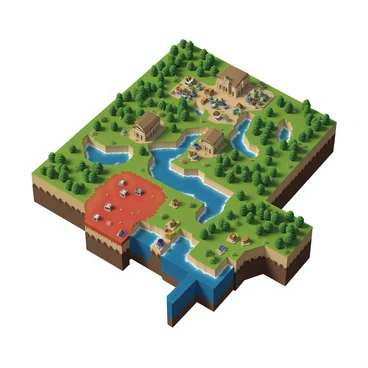 A pixelated map of a digital game world featuring various terrains and biomes. The map is divided into different levels, each represented by unique colors and patterns. There are green areas indicating forests, blue regions for water bodies, and brown sections for mountains. Specific zones are marked in bright red, indicating danger areas filled with obstacles or enemies. Various icons represent key features such as villages, treasure chests, and checkpoints. The overall layout is grid-like, emphasizing the pixel art style of classic video games.