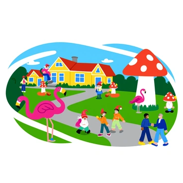 A vibrant neighborhood festival takes place on a sunny day, featuring various outrageous lawn ornaments. Colorful pink flamingos stand gracefully in front yards, while cheerful garden gnomes with red hats and blue outfits are scattered throughout the neighborhood. Giant, whimsical mushrooms with bright red caps and white spots tower over the smaller decorations. Lively banners and balloons add to the festive atmosphere, creating a scene filled with joy and celebration. Families and children stroll through the neighborhood, admiring the unique displays.