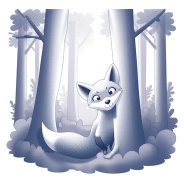 A curious fox with a bushy tail and pointed ears is peeking through a cluster of trees. The forest is dense with tall, slender trunks and thick underbrush. The fox's fur has a textured appearance, blending in with the natural environment while still standing out due to its curiosity. Sunlight filters through the leaves above, casting dappled shadows on the forest floor. The trees are varied in size and shape, with some displaying rough bark and others smooth. The overall scene conveys a sense of intrigue and the hidden wonders of the forest.