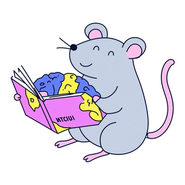 A mouse reading a book with pages turning into an illustration of its brain