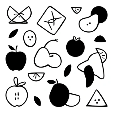 A collection of geometric shapes composed of various fruits arranged in a pattern. There are triangular shapes made from slices of "apples," circular shapes formed by "plums," and rectangular shapes created with "pears." Each fruit is depicted in a stylized manner, highlighting their unique textures and outlines. The overall composition is balanced, with the shapes interlocking and creating a dynamic visual rhythm.