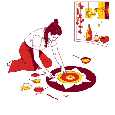 An artist is kneeling on the ground, focused on creating an intricate rangoli design. The design consists of a variety of shapes and patterns that are filled with vibrant colors. The artist is using small bowls of colored powder, with red and yellow being prominent in the composition. Surrounding the artist are tools such as a fine sieve for powder application and a small brush for detailing. The ground is a light surface that contrasts with the rich colors of the rangoli. In the background, there are festive decorations, adding to the celebratory atmosphere of the festival.