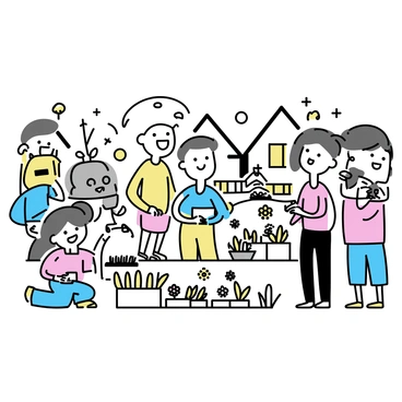 A village scene featuring a variety of friendly robots interacting with humans. The robots come in different shapes and sizes, with smooth metallic surfaces and bright, cheerful colors. Humans are engaged in various activities such as gardening, playing, and sharing meals with the robots. The setting includes quaint houses with simple designs, surrounded by lush greenery and flowers. Some robots are helping humans tend to the gardens, while others are participating in a communal gathering, showcasing a sense of friendship and collaboration between robots and humans in a joyful environment.