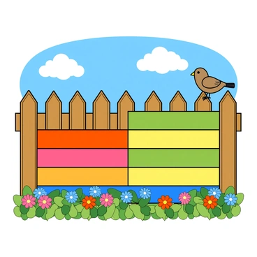 A wooden fence made up of several horizontal panels, each painted in vibrant colors. The panels are arranged in a way that visually represents an improper fraction. For example, there are three shorter panels on the left side and two taller panels on the right, creating a clear division. Bright flowers are planted at the base of the fence, adding a cheerful touch. The sky above is a bright blue with fluffy white clouds, and a small cartoon bird can be seen perched on one of the top panels, looking curiously at the scene.