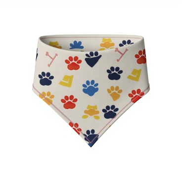 A cute dog bandana made of lightweight fabric with a vibrant color pattern. The bandana features playful printed designs of paw prints and cartoonish bones scattered throughout. The paw prints are in various colors including blue, red, and yellow, while the bones are a contrasting white with black outlines. The edges of the bandana are neatly stitched to provide a finished look, and it is folded in a triangle shape ready to be tied around a dog's neck.
