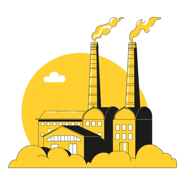 A factory with tall chimneys rising prominently in the foreground. The chimneys are emitting light smoke, creating a sense of activity. The building structure is industrial with several large windows. In the background, the silhouette of the factory is set against a bright sky, transitioning from yellow to a lighter shade. The scene captures the early morning atmosphere with a slight mist surrounding the base of the factory.